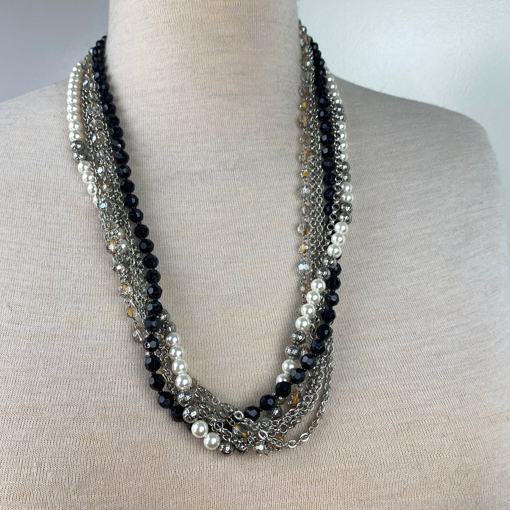 Chico's Black Glass, Silver Chain, Faux Pearl 7 Strand Beaded Necklace 28"